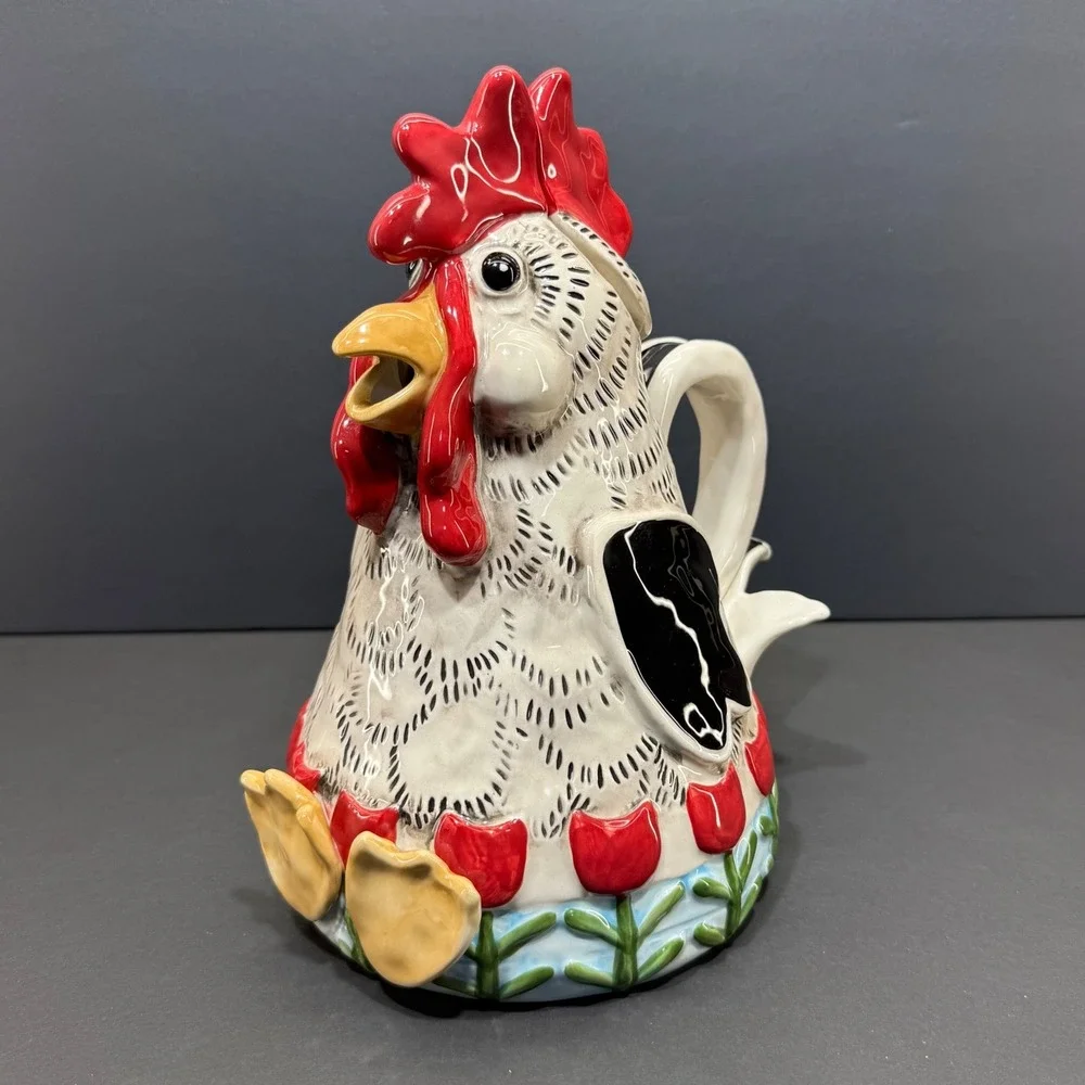 Blue Sky Heather Goldminc Rooster Teapot Ceramic Red Tulip 18363 Farmhouse Decor